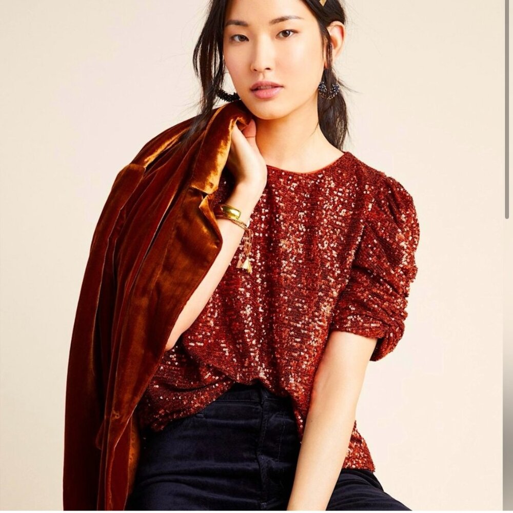 Holiday Top: Anthropologie Burnt Orange Sequin Blouse